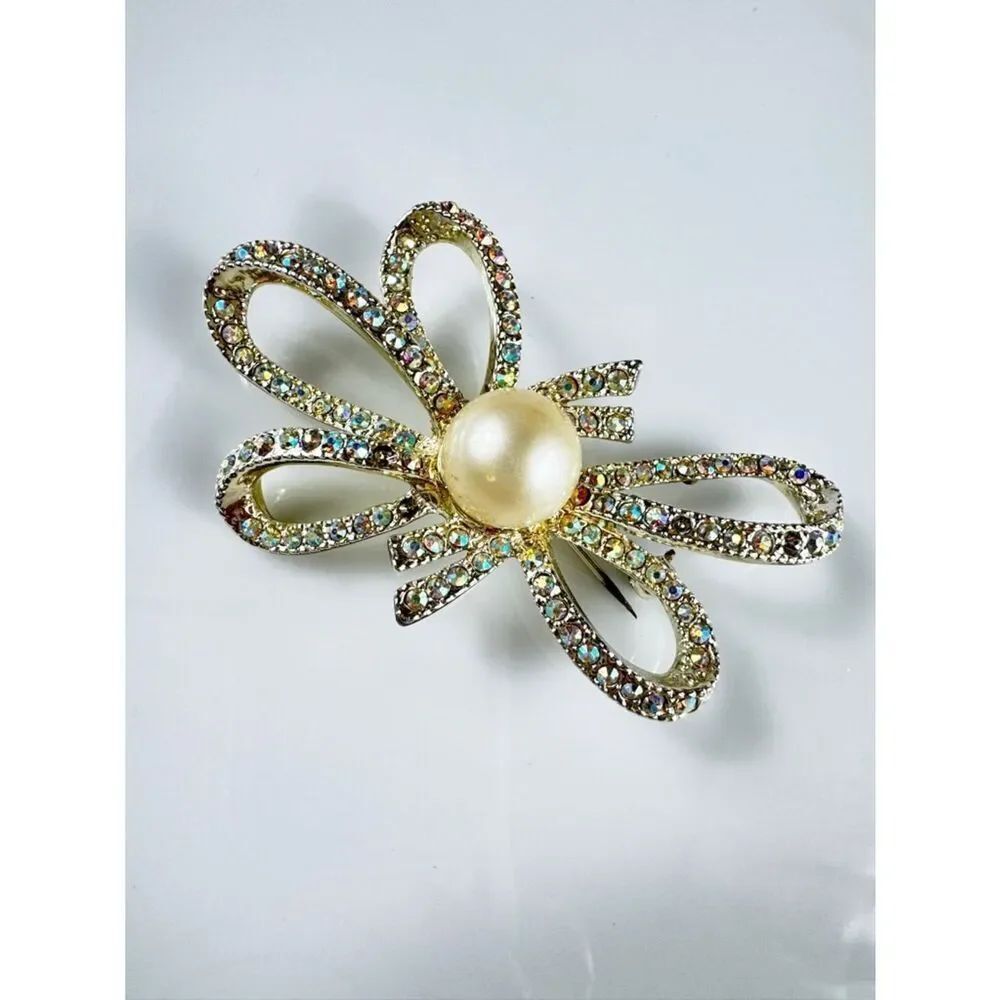 Vintage Gold-Tone Pearl & Aurora Crystal Bow Brooch - Women Jewelry